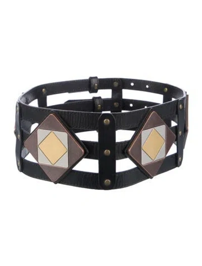 Pre-owned Tory Burch Wide Leather Waist Belt In Black/metallic