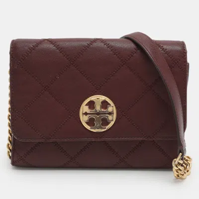 Pre-owned Tory Burch Willa Burgundy Quilted Leather Wallet On Chain