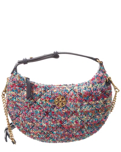 Tory Burch Willa Mini Tweed & Leather Crescent Bag In Blue
