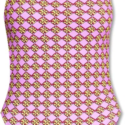 Tory Burch Women's 3d Drawstring Back Checkered One Piece Swimsuit In Purple