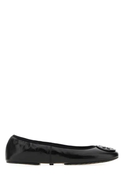 Tory Burch Black Leather Ballet Flats In White