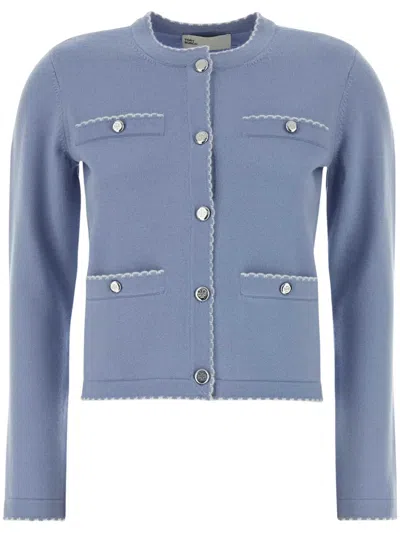 Tory Burch Women's Blue Wool Cardigan With Four Front Pockets And Embroidered-effect Trim In Light Blue