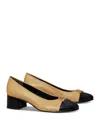 Tory Burch Beige And Black Ballet Flats With Bow Detail And Bi-color Toe In Smooth Leather In Ginger Shortbread