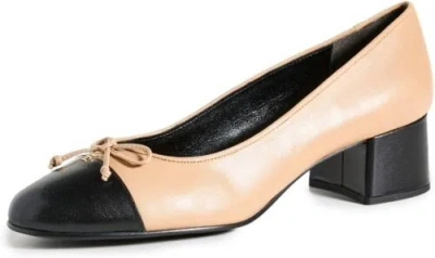 Pre-owned Tory Burch Women's Bow Ballet Pumps 45mm In Ginger Shortbread/black