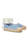 Tory Burch Bicolor Denim Ankle-wrap Espadrilles In Blue Cloud