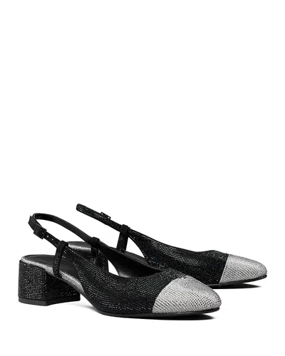 Tory Burch Bicolor Pave Cap-toe Slingback Pumps In Perfect Black