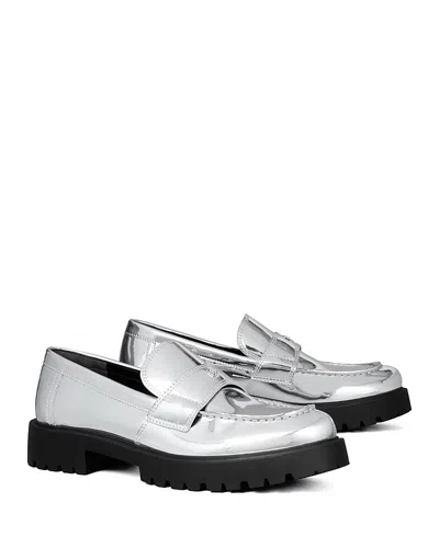 Tory Burch Metallic Medallion Classic Lug-sole Loafers In Argento