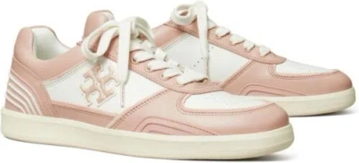 Pre-owned Tory Burch Women Clover Court Sneakers Leather Purity Shell Pink Lace Up