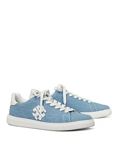 Tory Burch Women's Double T Howell Court Lace Up Low Top Trainers In Denim/titanium White