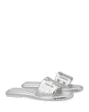 Tory Burch Double T Leather Slides In Silver