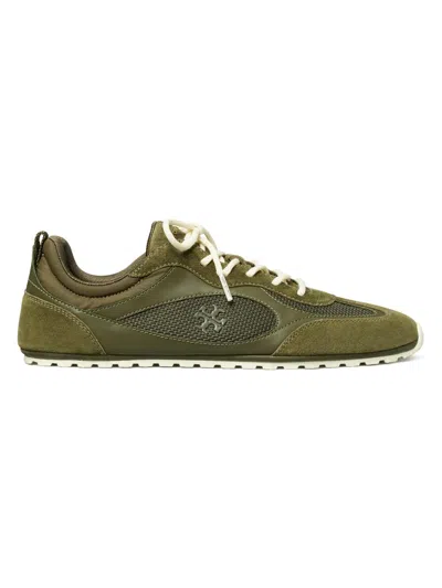 Tory Burch Field Shell-trimmed Mesh, Leather And Suede Sneakers In Green