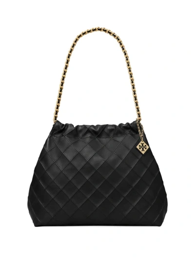 Tory Burch Fleming Black Diamond Quilted Shoulder Bag With Chain-link Handles In Leather Woman