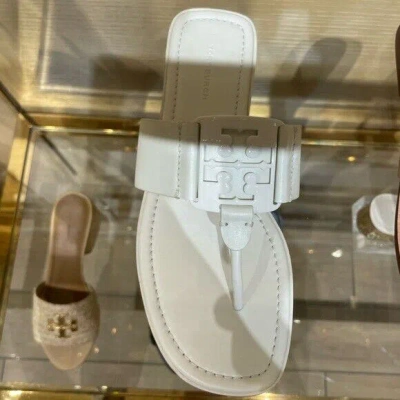 Pre-owned Tory Burch Women Georgia Calf Leather Flat Thong Sandal In White