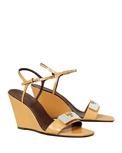 Tory Burch Gigi Leather Bar Ankle-strap Wedge Sandals In Cantucci/silver