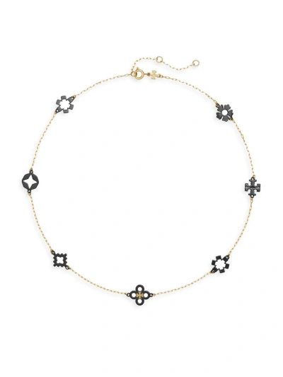 Tory Burch Women's Kira 18k-gold-plated & Enamel Clover Station Necklace In Tory Gold Black