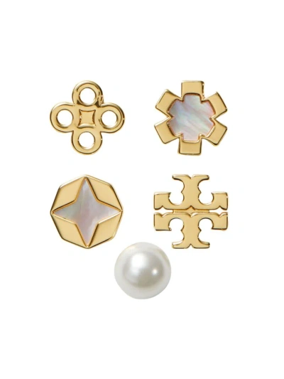 Tory Burch Women's Kira 18k-gold-plated, Mother-of-pearl & Glass Pearl 5-piece Clover Stud Earring Set
