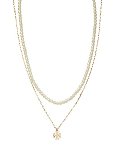 Tory Burch Women's Kira 18k-gold-plated & Imitation Pearl Layered Logo Pendant Necklace In Pattern