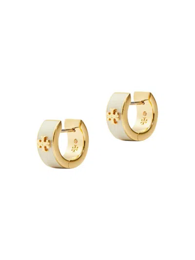 Tory Burch Women's Kira 18k-gold-plated, Enamel & Cubic Zirconia Logo Huggie Hoop Earrings In Green