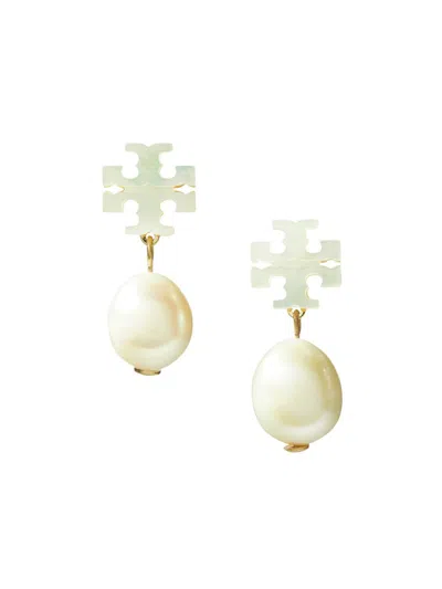Tory Burch Women's Kira 18k-gold-plated, Mother-of-pearl & Cultured Pearl Logo Drop Earrings