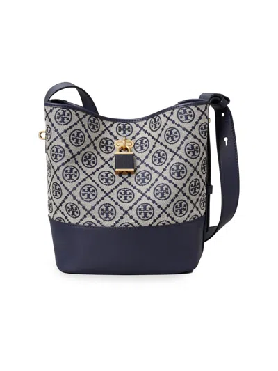 Tory Burch T Monogram Leather-trim Bucket Bag In Purple