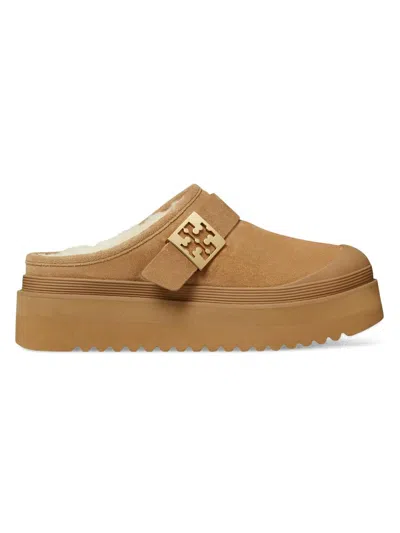 Tory Burch Mellow Suede Shearling Buckle Platform Loafer Mules In Brown
