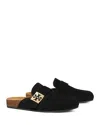 Tory Burch Mellow Black Slip-on Mule With Metallic Logo Buckle In Suede Woman In Black