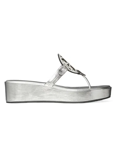 Tory Burch Women's Miller Leather Wedge Sandals In Silver