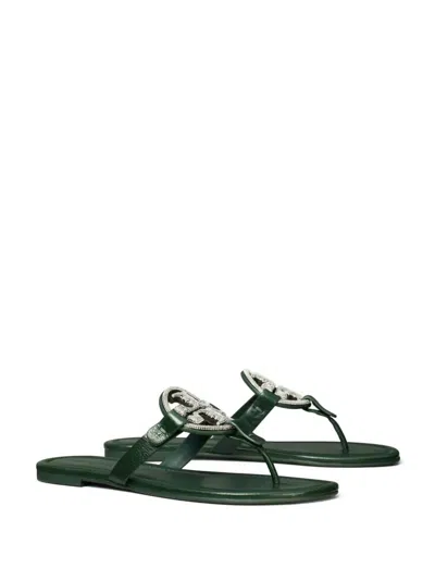 Pre-owned Tory Burch Women's Miller Pave Sandal In Dark Emerald / Gunmental