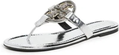 Pre-owned Tory Burch Women's Miller Pave Sandals In Silver