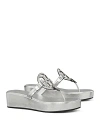 Tory Burch Miller Metallic Logo Wedge Thong Sandals In Silver