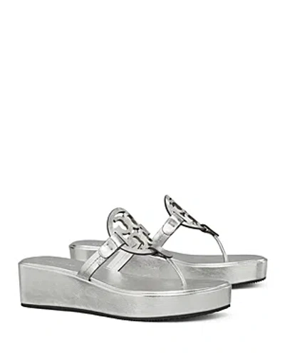 Tory Burch Women's Miller Slip On Embellished Wedge Thong Sandals In Silver