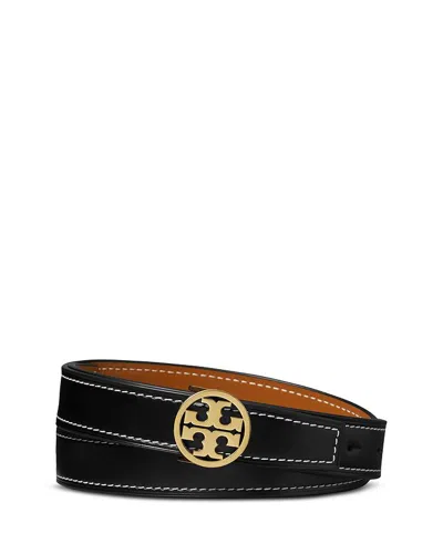 Tory Burch Miller Reversible Leather Belt In Black/whiskey/gold