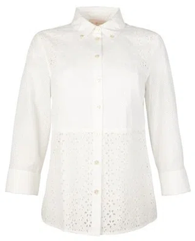 Pre-owned Tory Burch Women's Patchwork Eyelet Shirt Blouse In White