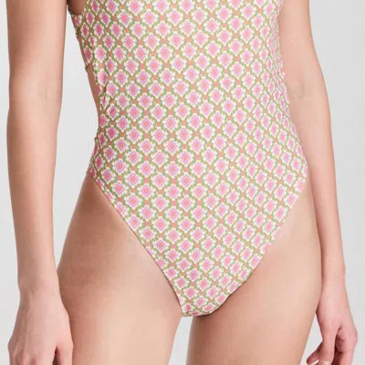 Tory Burch Women's Printed Tie-back Adjustable Strap Padded One Piece Swimsuit Vauban Diamond In Pink