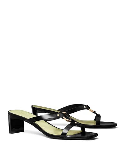 Tory Burch Leather Ring Heeled Slide Sandals In Perfect Black/mint Green/gold