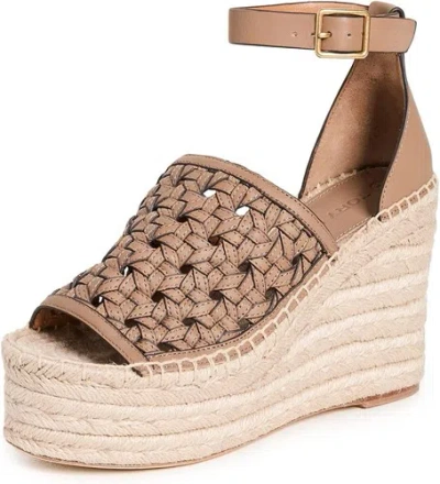 Pre-owned Tory Burch Women Basketweave Leather Espadrille Wedges Heel Sandals Almond Flour In Beige