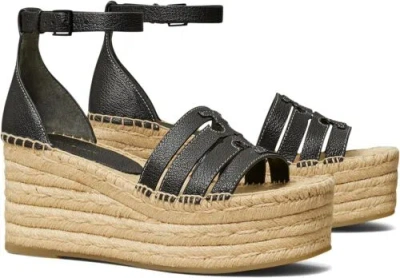 Pre-owned Tory Burch Women Sandals Ines Cage Wedge Espadrille Platform Perfect Black Shoes