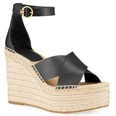 Tory Burch Women's Selby Leather High Wedge Heel Adjustable Ankle Strap Espadrilles Sandals In Black