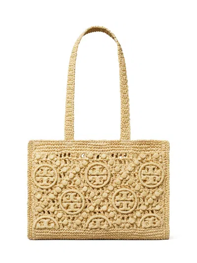 Tory Burch Women's Small T Monogram Crocheted Tote Bag In Brown