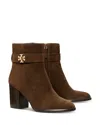 Tory Burch 90mm Logo-plaque Suede Ankle Boots In Mustang