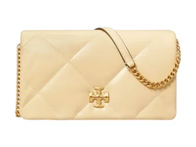 Pre-owned Tory Burch Women's  Kira Diamond Quilt Chain Wallet In Vanilla Soft Serve In White