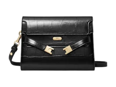 Pre-owned Tory Burch Women's  Lee Radziwill Croc Embossed Shoulder Bag In Black