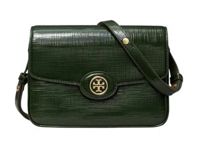 Pre-owned Tory Burch Women's  Robinson Crosshatched Convertible Shoulder Bag In Evergreen