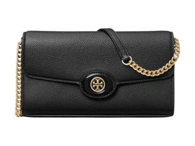 Pre-owned Tory Burch Women's  Robinson Pebbled Chain Wallet In Black