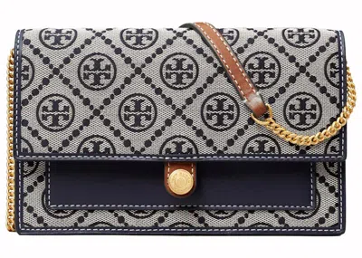 Pre-owned Tory Burch Women's  T Monogram Chain Wallet In Navy Blue