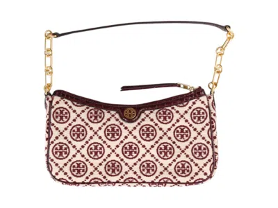 Pre-owned Tory Burch Women's  T Monogram Chenille Studio Shoulder Bag In Claret/new Cream