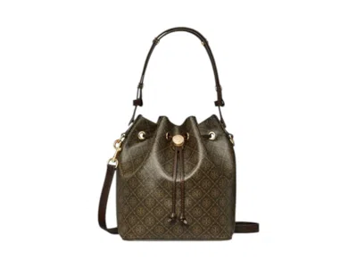Pre-owned Tory Burch Women's  T Monogram Coated Canvas Bucket Bag In French Press
