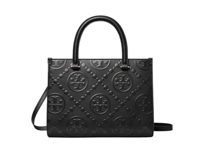 Pre-owned Tory Burch Women's  T Monogram Contrast Embossed Square Tote In Black