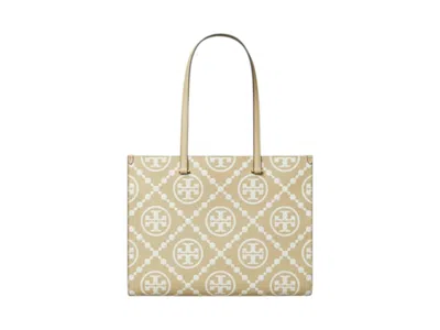 Pre-owned Tory Burch Women's  T Monogram Contrast Embossed Tote Bag In Beige In Sand