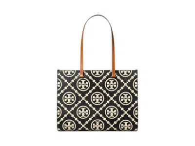 Pre-owned Tory Burch Women's  T Monogram Contrast Embossed Tote In Black/white